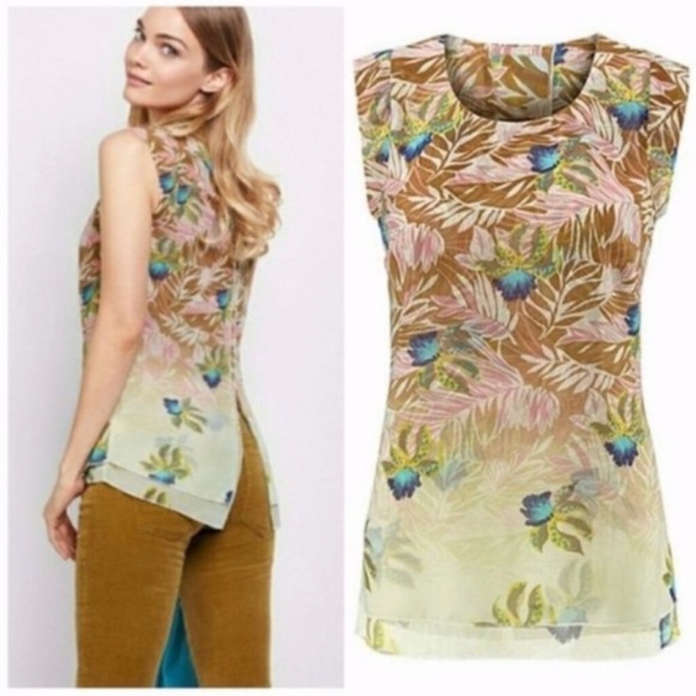 NWT CAbi #5216 Parlor Top Tropical Orchid Split Back Layered XS